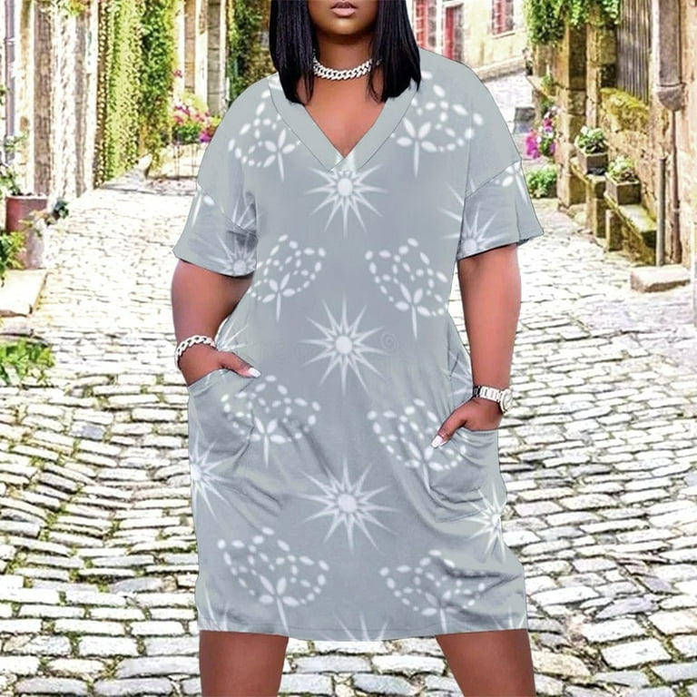 Grey Floral Starburst Seamless Pattern Women's Loose Short Sleeve Dress  Casual Summer Plus Size Long Dresses with Pockets - Walmart.com
