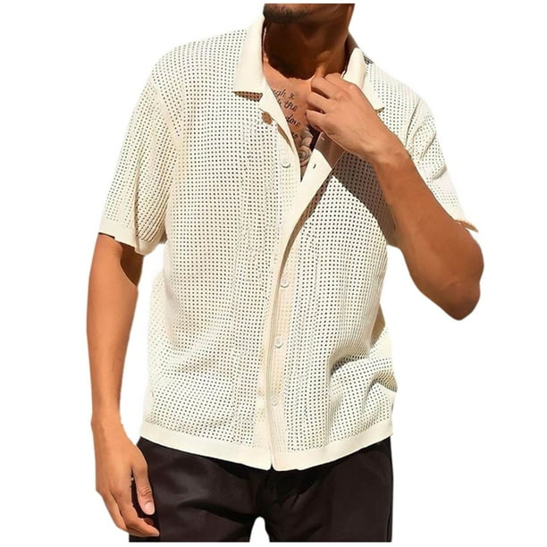 Camisas de Manga Corta Casual de Color Sólido de Punto Hueco Girar Cuello, Camisas Casuales para Hombre para el Verano