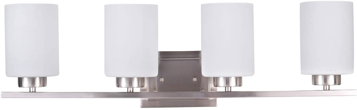 Bathroom Lighting Fixture Over Mirror, 4-Bulb Bath Vanity Lights, E26 Interior Wall Lamp, Bathroom Lights with Brushed Nickel Finish and White Frosted Glass Shade (4 Lights, Bulbs not Included)
