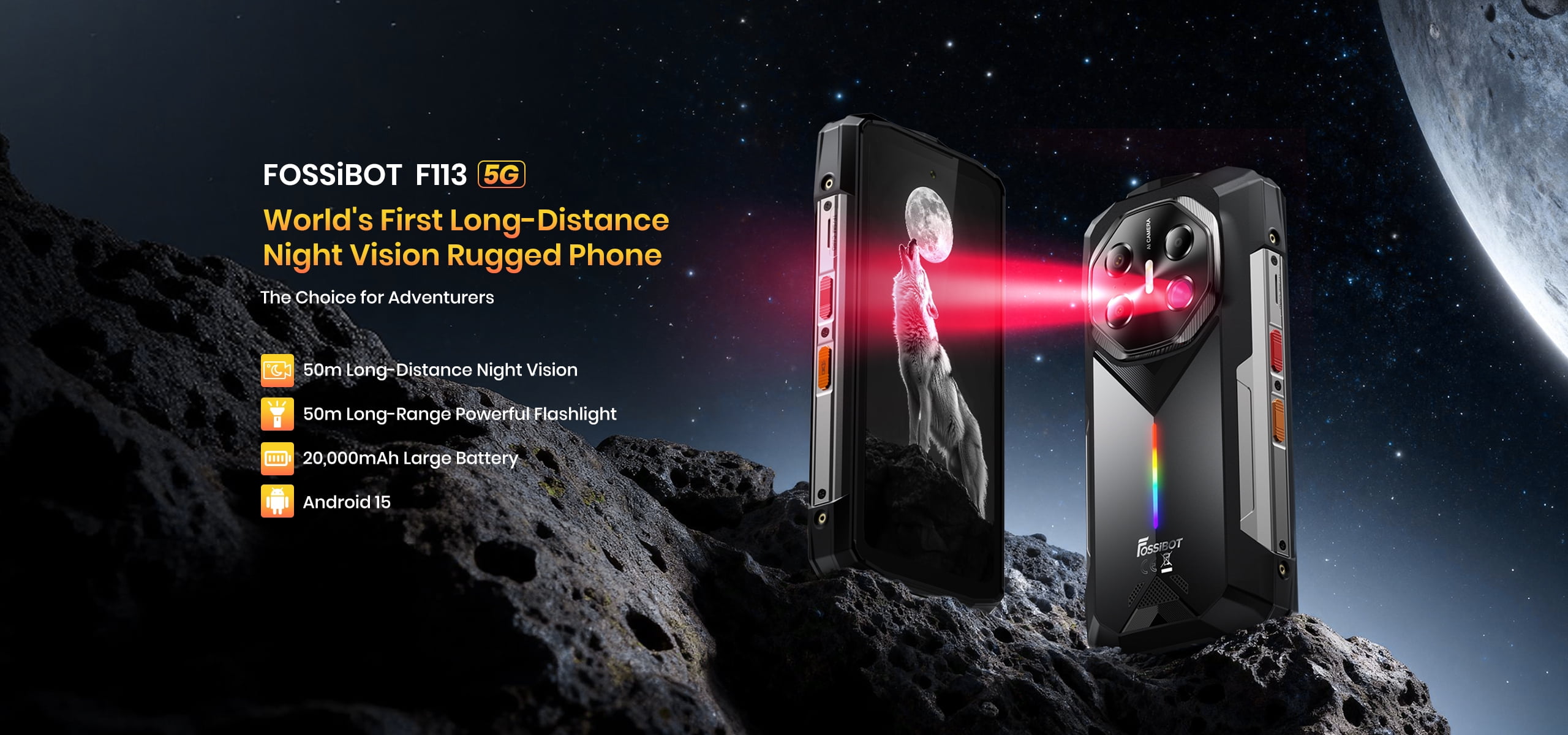 FOSSiBOT Rugged Phone F113 5G with 64MP Long-Range Night Vision Camera, 20000mAh 6.78" 120Hz FHD+, 36GB+512GB,50MP+32MP Cameras,50m Strong Flashlight, Colorful Ambient Lighting with Music Rhythm