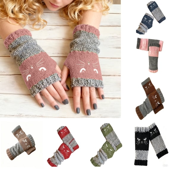uGJHIO Women’s Fingerless Gloves Winter Cute Cats Embroidery Knitted Glove Trendy Soft and Comfy Gloves, Warm Half Finger Mittens Splicing Designs