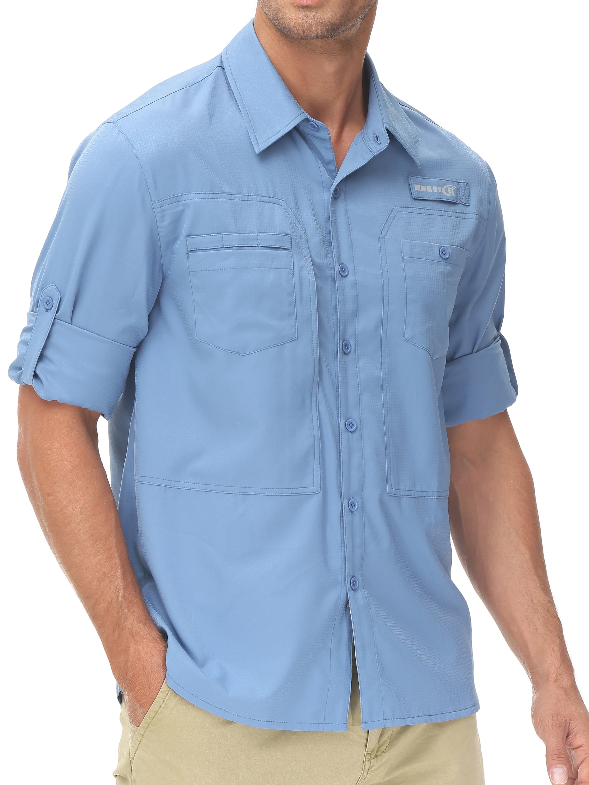 Pdbokew Men's Sun Protection Fishing Shirts Long Sleeve Travel Work Shirts  for Men UPF50+ Button Down Shirts with Zipper Pockets Mist Blue XL 