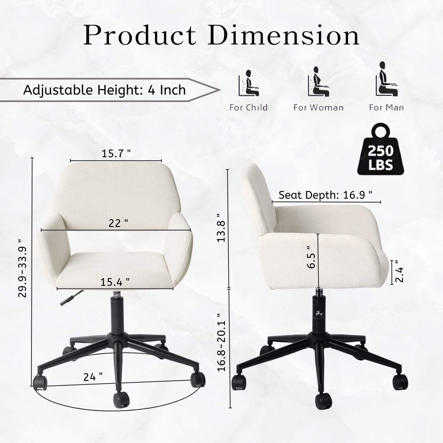 Homy Casa Adjustable Swivel Desk Chair, Modern Office Chair with Armrest for Home & Study, Beige
