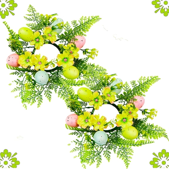 KOYPTL Easter Candle Rings Small Egg Wreaths Set of 2,Green Leaves with Daisy Flowers Spring Egg Candle Holder Rings for Holiday Wedding Home Kitchen Tabletop Centerpecies Wall Door Hanging Decor
