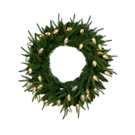 Nearly Natural 24in. Pre-Lit Artificial Luxembourg Pine Christmas Wreath with 35 Multicolored Traditional Bulb LED Lights