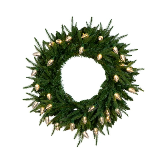 Nearly Natural 24in. Pre-Lit Artificial Luxembourg Pine Christmas Wreath with 35 Multicolored Traditional Bulb LED Lights