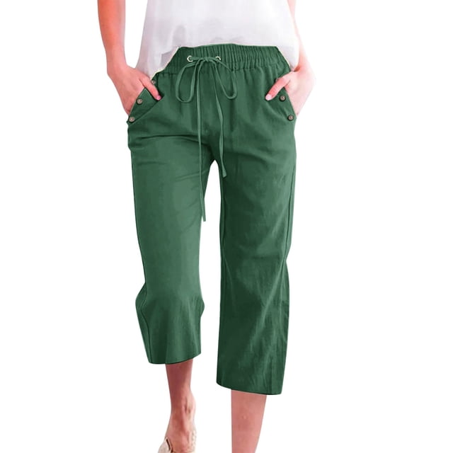 Pantalon Ample en Lin Uni pour Femmes, 7/8, avec Poches