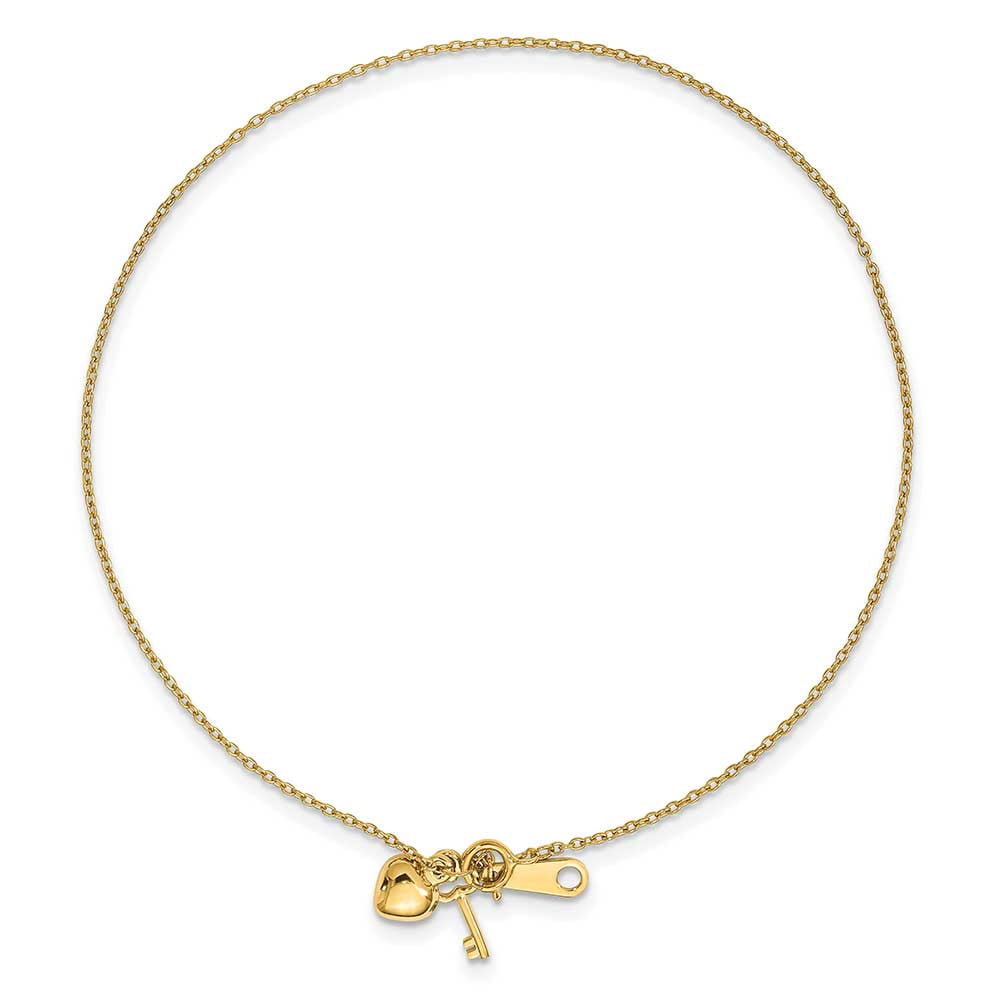 Primal Gold 14 Karat Yellow Gold Gold Heart and Key 9-inch Plus 1-inch Extension Anklet