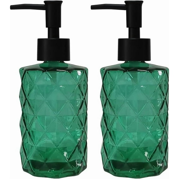 Green glass soap dispenser set with black pump, 13.5oz refillable liquid hand soap dispenser, lotion dish soap dispenser for modern home decor, bathroom, kitchen countertop, Hotel(2 pack)
