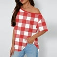 thumbnail image 2 of UAMVSH Off Shoulder Tops for Women Casual Plaid Oversized T-Shirt Comfy Soft Short Sleeve Tee Shirts Fashion Clothing, 2 of 6