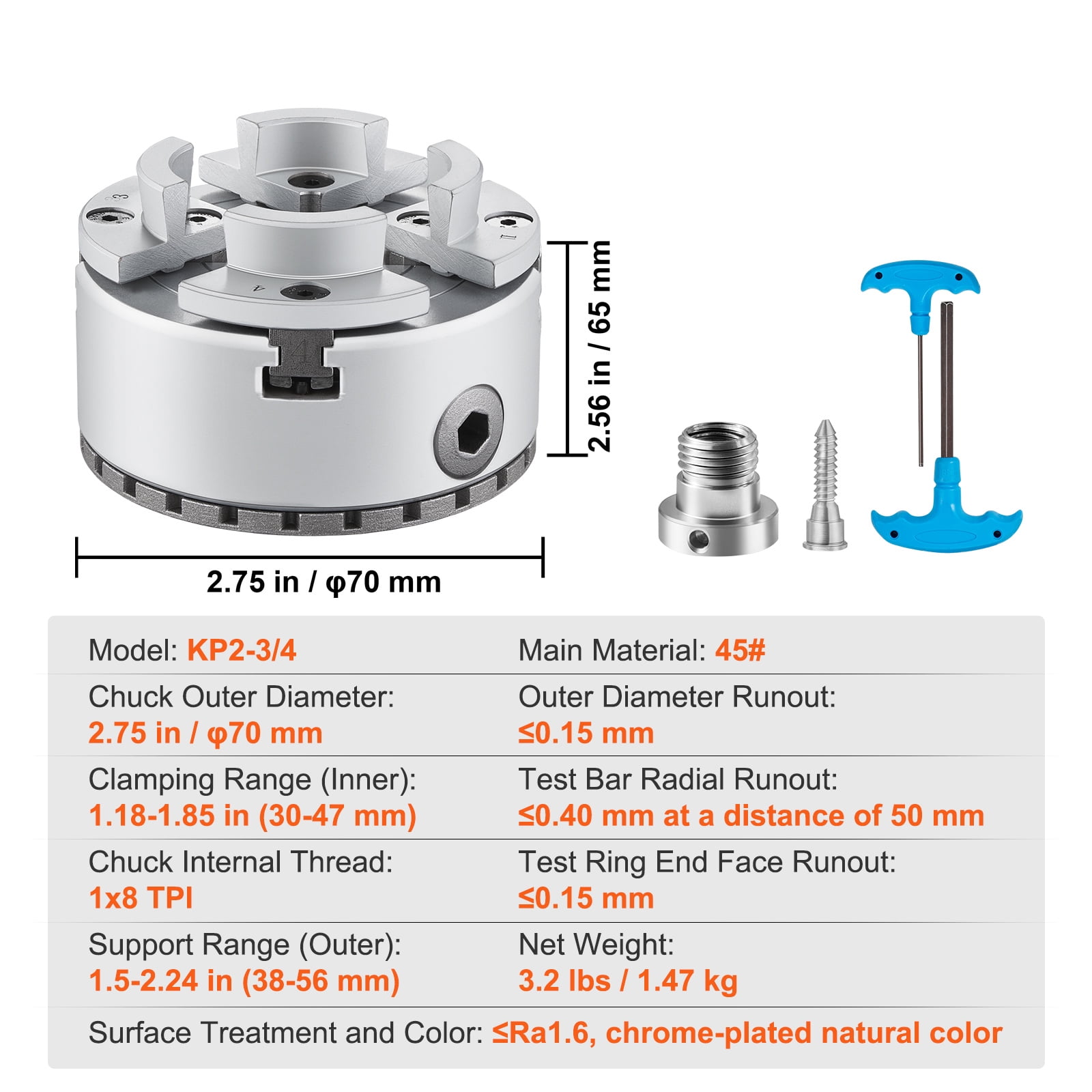 SKYSHALO KP2-3/4 Lathe Chuck, 4-Jaw, 2.75" Diameter, Metal Turning Accessory, Self-Centering for Lathes, Precision and Grinding Work, Milling Devices