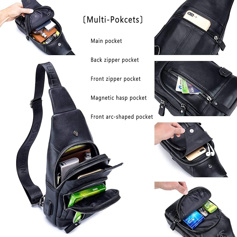 BULLCAPTAIN Leather Sling Bag Men's Casual Shoulder Crossbody Bag, Black