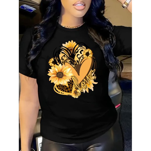 Chic Sunflower Heart Pattern T-Shirt for Women - Casual Crew Neck, Short Sleeve Top, Stretch Fit - Perfect for Spring & Summer