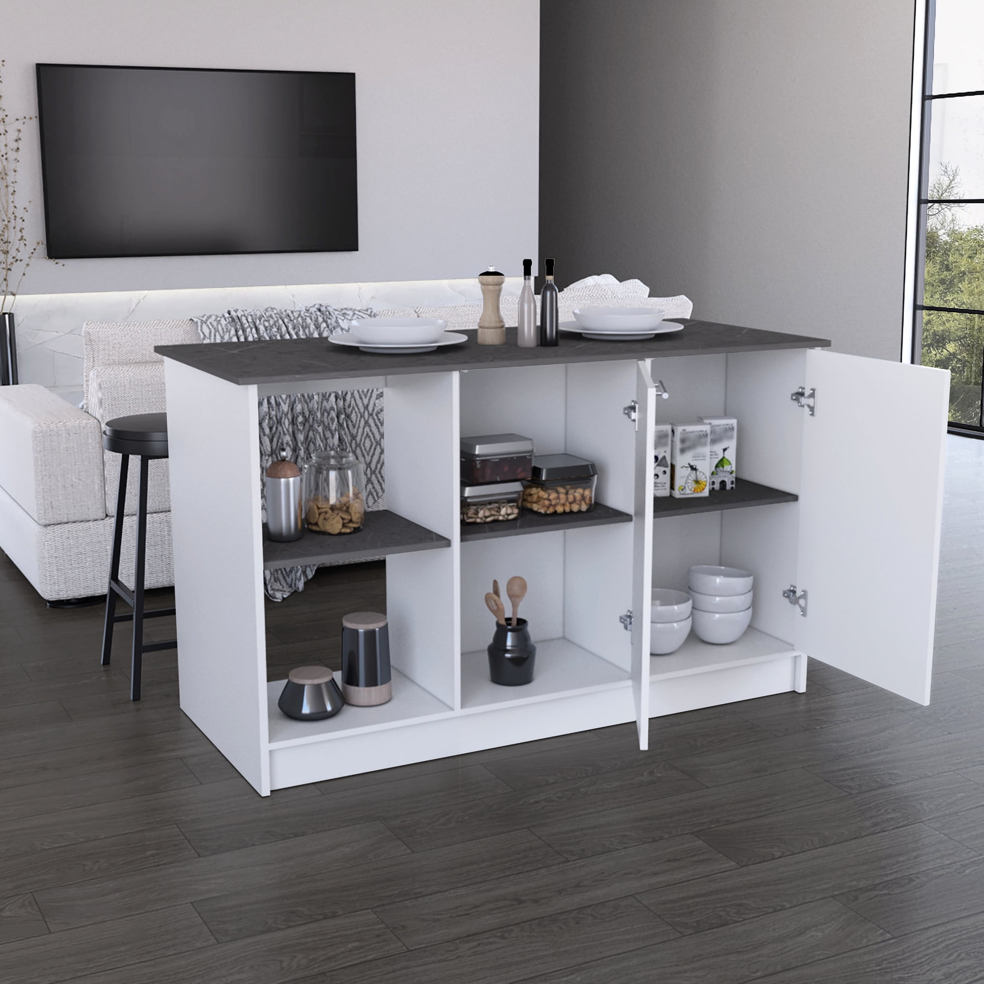 Kitchen Island With Ample Workspace Countertop In White, Double Door Cabinet & Open Shelves. Offers Sufficient Work Area. Stores Pots, Pans, Dishes. 59" X 25.36" 34.79". Engineered Wood, Solid Wood