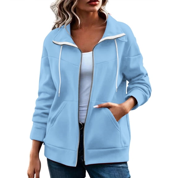 hlysgo Women's Long Sleeve Sweatshirt Full Zip Up Hoodie Drawstring Sweat Jacket Casual Loose Winter Outerwear Tops with Pockets Light Blue,L