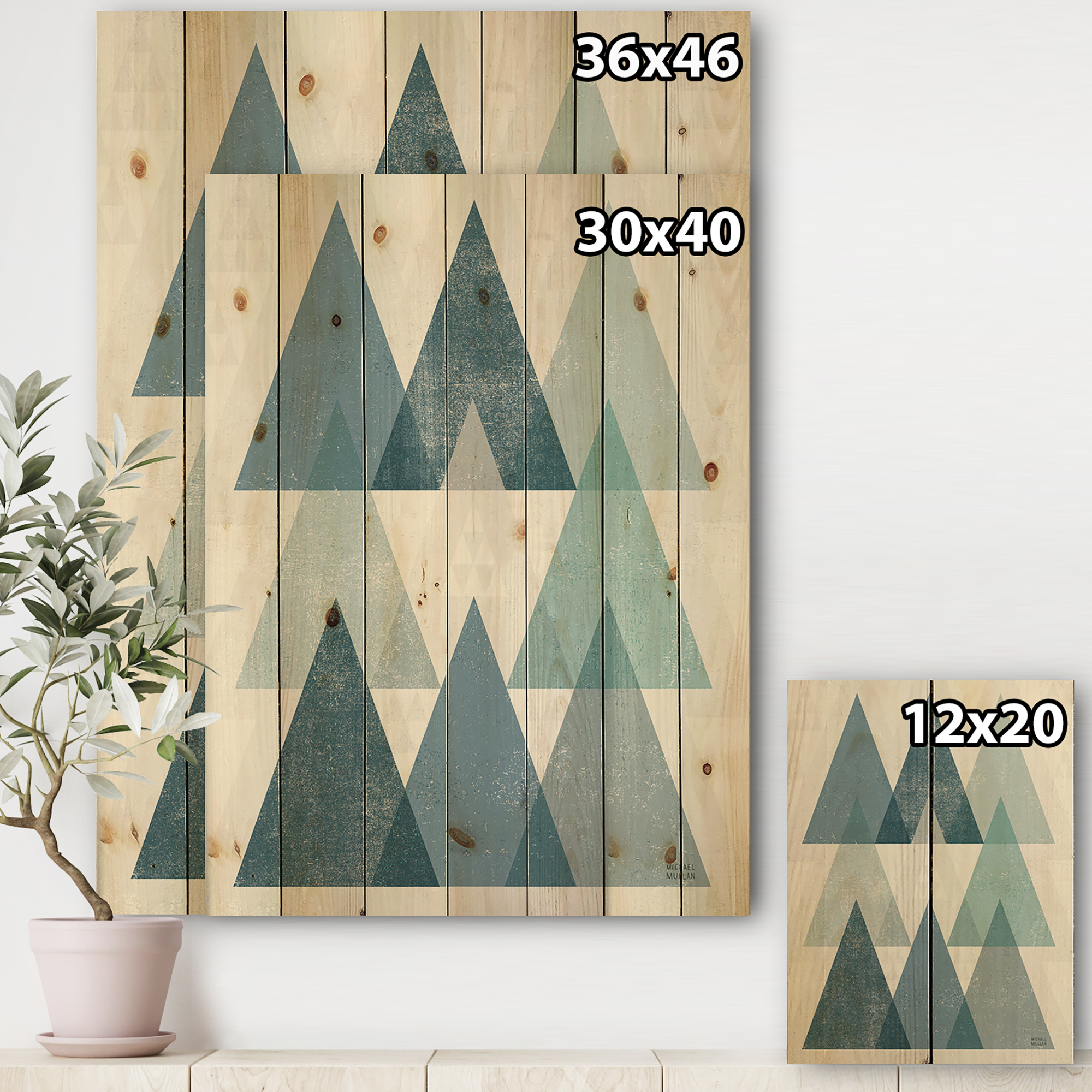 Designart 'Blue Minimal Triangles IV' Mid-Century Modern Print on Natural Pine Wood