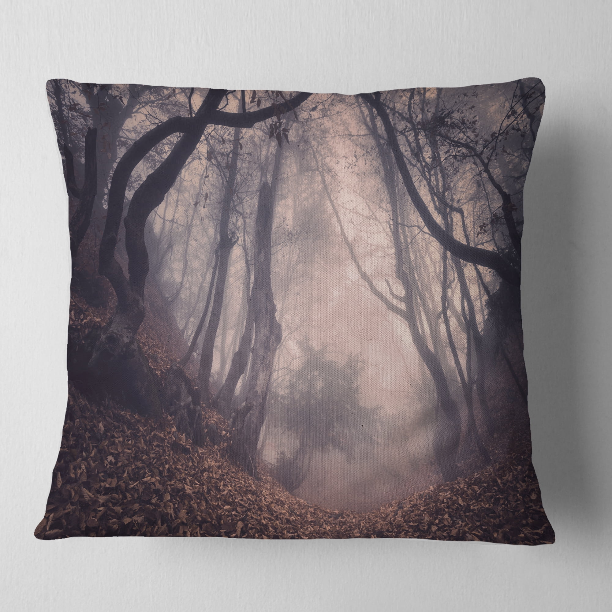 Designart Vintage Foggy Forest Trees - Landscape Photography Throw Pillow - 16x16