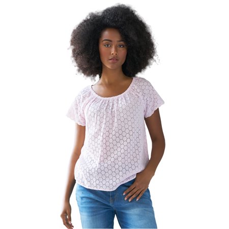 Ellos Women's Ballet Neck Eyelet Blouse Shirt
