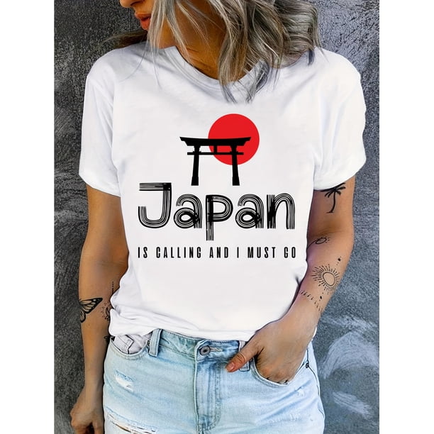 Japan Shrine Print T-Shirt, Casual Crew Neck Short Sleeve Tee, Cotton Medium Stretch Geometric-pattern Summer Knit Fabric