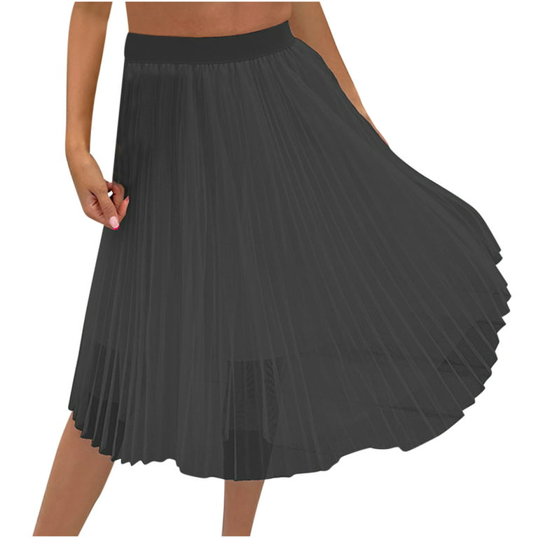 Solid Color Layered Mesh Skirts for Women Stretchy High Waist Pleated Midi  Skirt Winter Flowy Casual A-Line Skirts