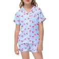 thumbnail image 4 of ZHOGXU Big Kids Girls Pajama Sets Short Sleeve Lapel Cute Cherry And Heart Print Top And Shorts Satin Sleepwear Comfortable Two Piece Outfits For Daily Wear Sky Blue 10-11 Years, 4 of 5
