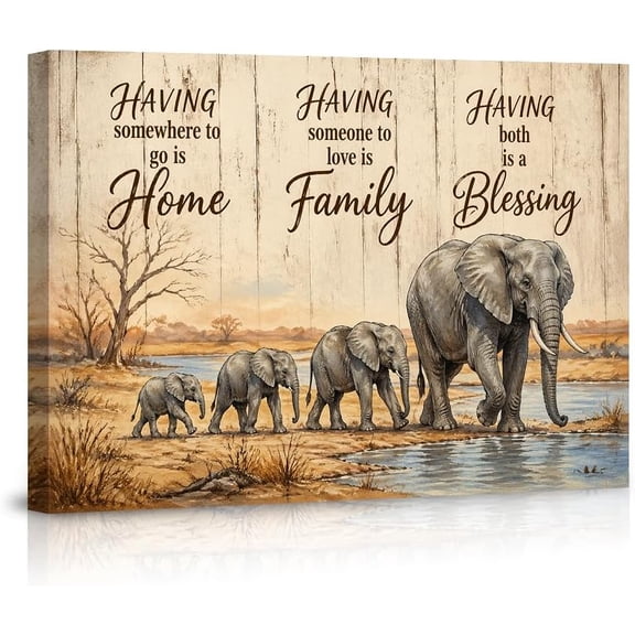 Elephant Family Canvas Wall Art, Inspirational Home Family Blessing Quote Prints, African Wildlife Animal Pictures for Living Room Bedroom Wall
