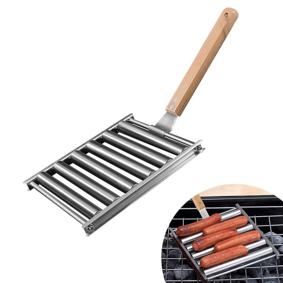 Hot Dog Roller for Girll,Hotdog Roller Grill Sausage Roller Stainless Steel Rack with Extra Long Wood Handle,5 Hot Dog Capacity