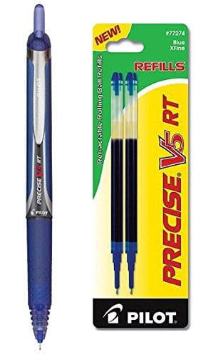 Pilot Precise V5 RT Rolling Ball, Extra Fine Point, Blue Ink 1 Pen & 2 Refills