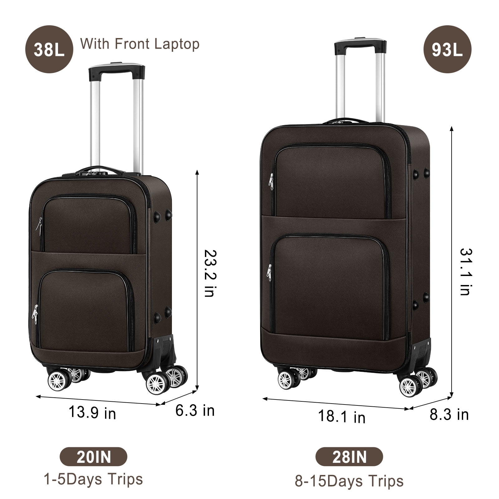Soft-sided Fabric Luggage Roller Luggage Lightweight 20" Brown
