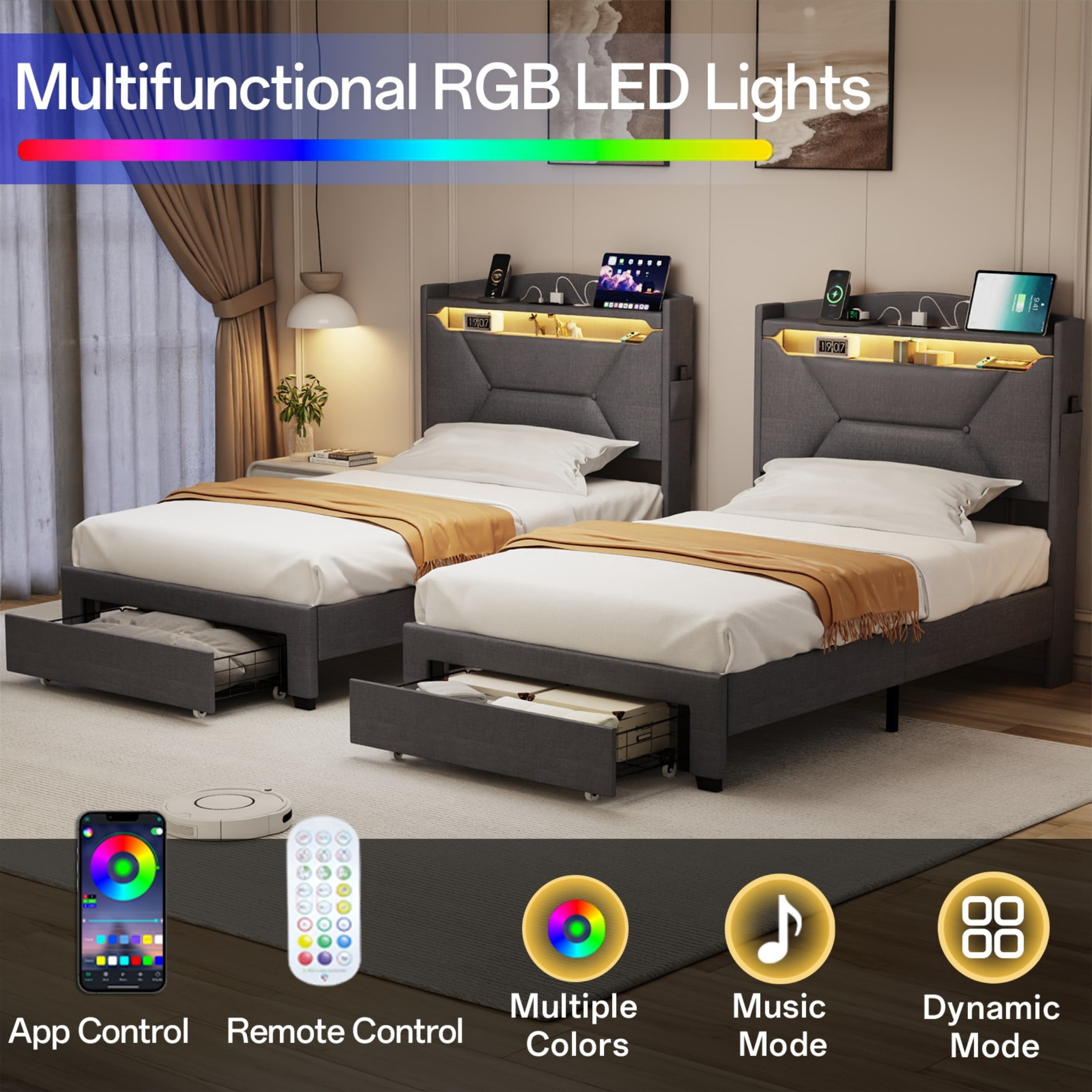 BSHTI Dark Gray Linen Twin Bed Headboard with LED Lights & USB Charging Station – Multi-Storage Upholstered Headboard with Open Shelves & Hidden Compartment – Easy Installation