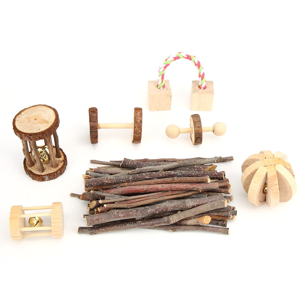 Yajisi 7-Piece Wooden Small Pet Chewing Playing Biting Toy Set for Hamsters, Chinchillas, Guinea Pigs and Rabbits - Play Activity Center, Natural Pine