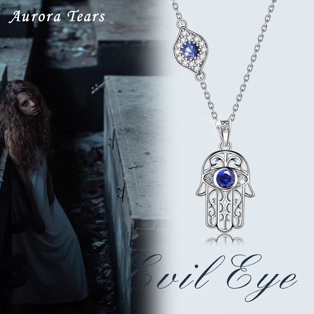 Hipunk Hamsa Necklace 925 Sterling Silver Hand of Fatima Blue Evil Eye Necklace Third Eye Lucky Amulet Jewelry Christmas Birthday Gifts for Women Men
