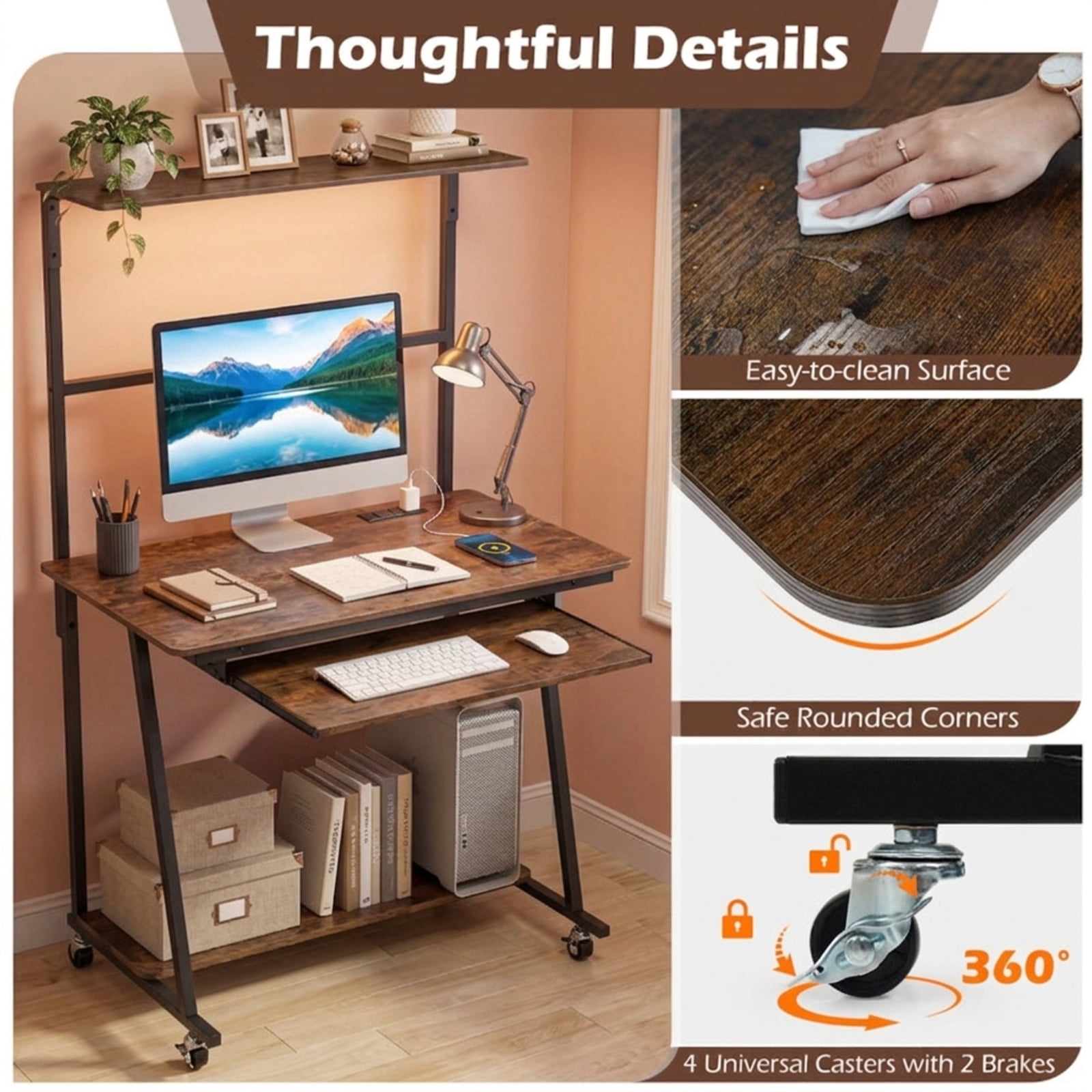 Furnibear Small Computer Desk with Charging Station, Rolling Home Office Desk with LED Lights and 4-Tier Storage for Bedroom Dorm, Rustic Brown