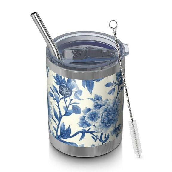 12oz Tumblers Blue Pioneer Flower and Bird Vacuum Insulated Stainless Steel Travel Tumbler Cups Mug with Lid and Straw for Beer,Coffee,Beverages with Cleaning Brush for Cold & Hot Drinks