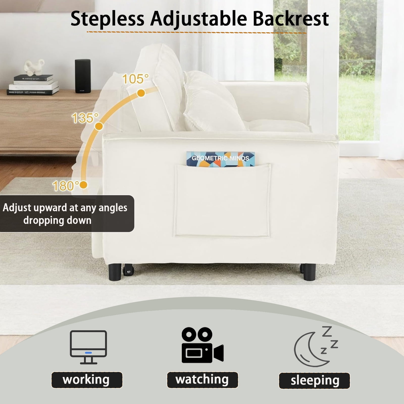 EPOWP 3 in 1 Folding Convertible Sofa Bed,55'' Pull Out Couch Bed with Side Pocket,Velvet Fabric Loveseat Sleeper Sofa with Adjustable Backrest,Easy Assembly,Perfect for Living Room,Off White