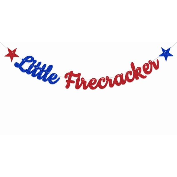 Little Firecracker Banner Red Blue Glitter- 4th of July Baby Shower Decor, Patriotic Theme 1st Birthday Banner, Little Firecracker Party Decorations