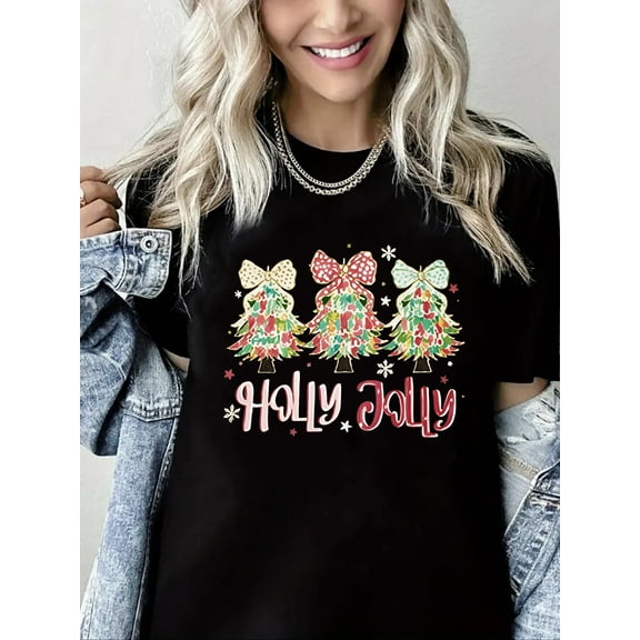 Christmas Tshirt Christmas Tree and Bow Print Pure Cotton Short Sleeve Shirt for Women