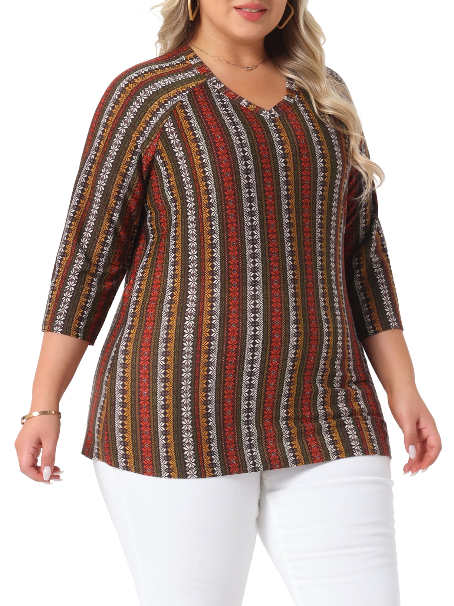 Women's Plus Tops V Neck 3/4 Sleeve Knit Blouse Tee Shirt Stripe Boho Tops 3X Red Brown