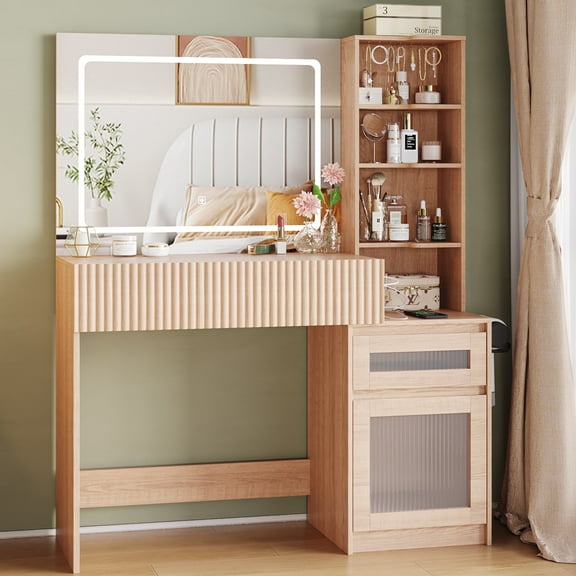 Vanity Desk with Mirror and Lights, Makeup Table with USB Charging Station, 2 Drawers and Storage Shelves, Brown