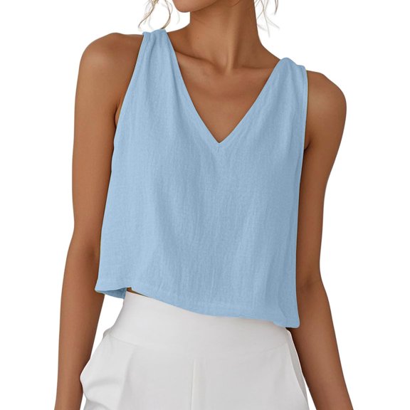 Admvng Womens Linen Tank Tops Plus Size Summer Sleeveless V Neck Comfy Blouse