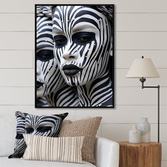 Designart "White Mursi Pride Portrait" People Framed Wall Art - Global White African Tribal Bedroom Framed Canvas Wall Art