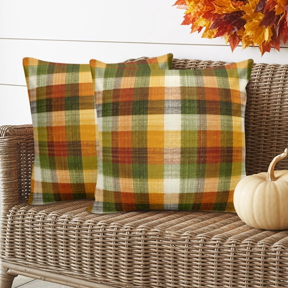 Orange Green Plaid Outdoor Waterproof Pillow Covers Set of 2, Rustic Warm Palette Tan Gingham Plaid Farmhouse Pillowcase Decorative Throw Cushion Cases for Patio Garden Couch 18 x 18 Inches