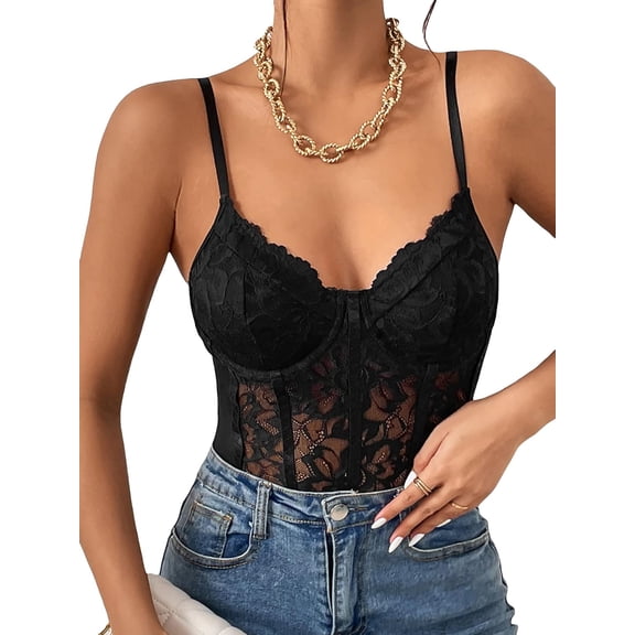 Women's Floral Lace Sheer Mesh Corset Bodysuit Spaghetti Strap Cami Top