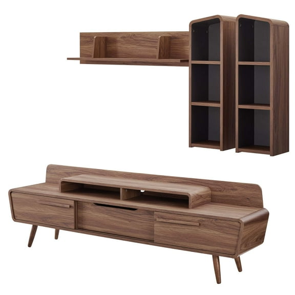Contemporary Modern Urban Designer Living Room Lounge Club Lobby Media TV Stand Storage Set, Wood, Natural Walnut Gray Grey
