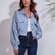 thumbnail image 2 of Chaqueta Corta Hombro Caído Puff Manga Larga Bolsillo Botón Tops Casuales para Mujer Denim Azul XL, 2 of 6