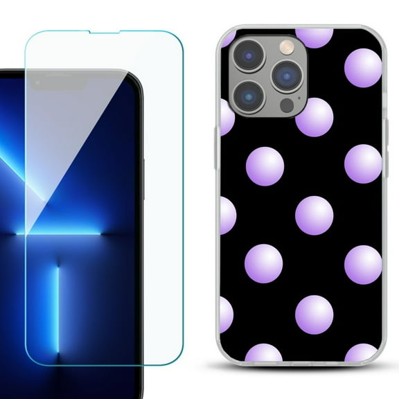 Slim-Fit Gel TPU Phone Case for iPhone 14 Pro Max, with Tempered Glass Screen Protector, by OneToughShield ® - Polka Dot / Purple