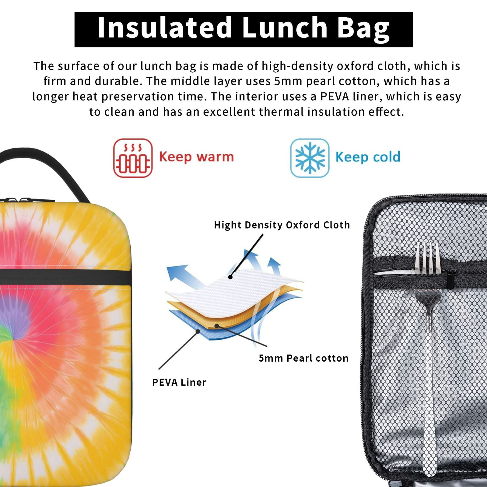 Lunch Bag For Women Men Insulated Portable Lunch Box Bento Box Office Picnic Travel Cooler Bag Tie-Dye Pattern Rainbow Colors (2)