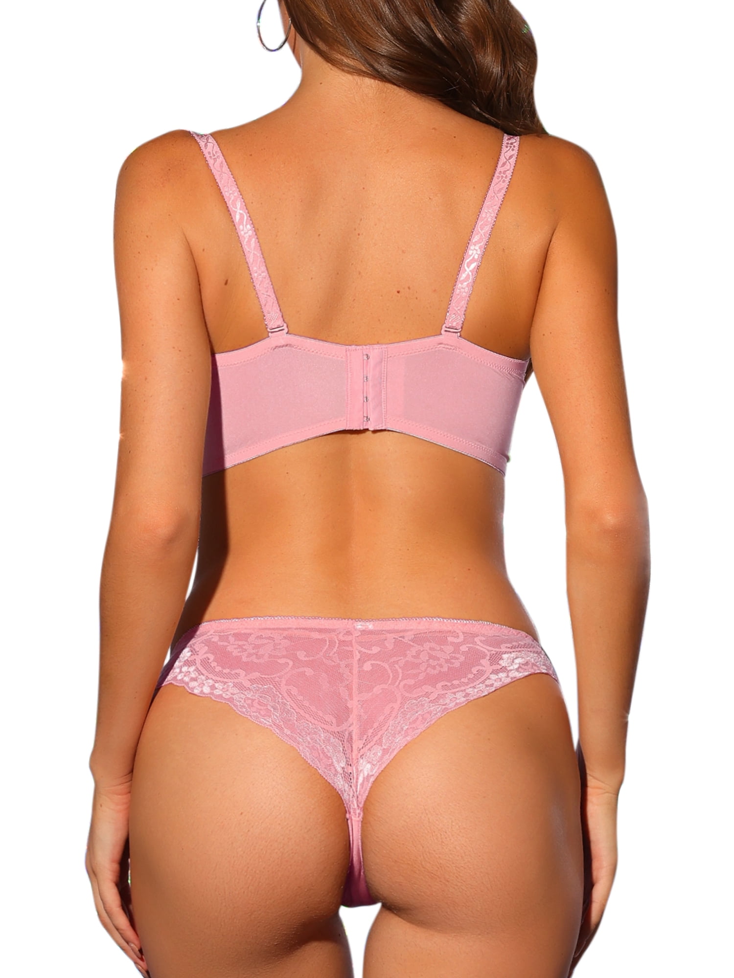 Unique Bargains Women's Lace Bra and Panty Sets Underwire Padded Bralettes Lingerie Sets 36C Pink