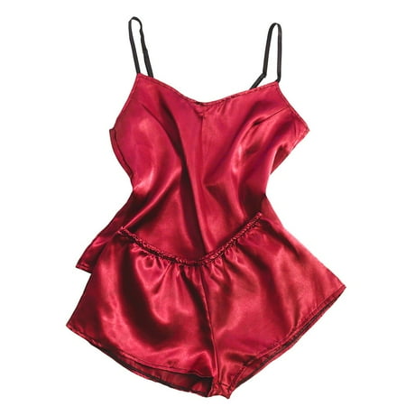 

wendunide Satin Silk Pajamas Bow Nightdress Lingerie Women Underwear Sleepwear Satin Red L
