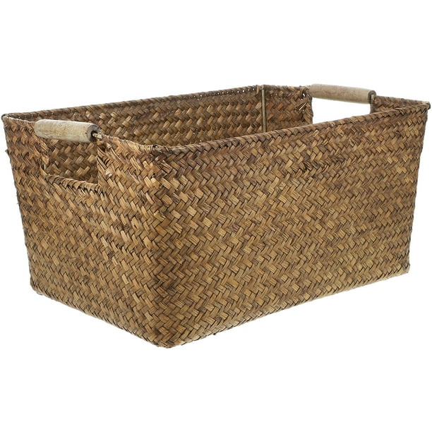Cesta de algas marinas con asa de madera, cesta de escritorio rectangular, organizador de almacenamiento para baño